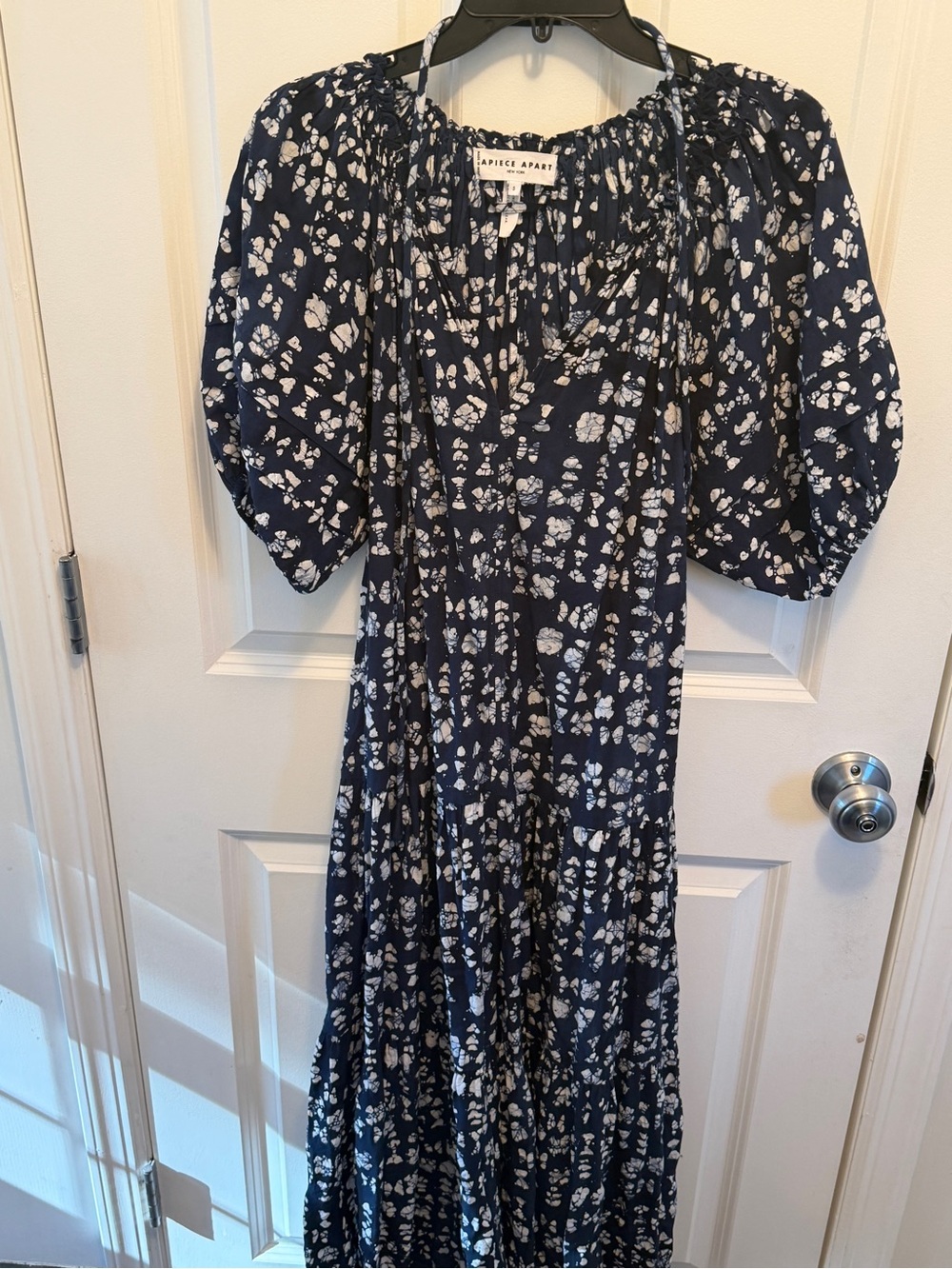 Apiece Apart Navy Floral Maxi Dress with Puff Sleeves and removable tie